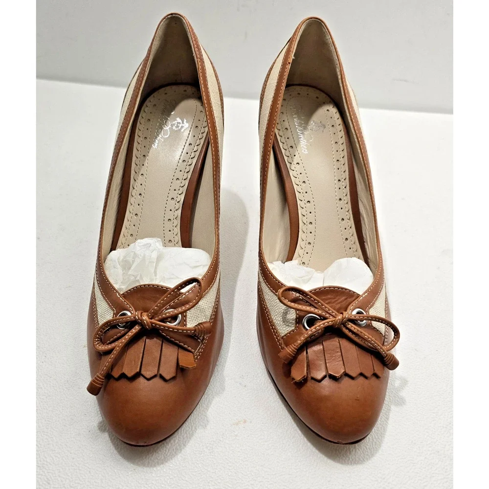 Brooks Brothers Spectator Heels Fringe & Bow Cognac/Natural Sz 7.5 M - Picture 2 of 9